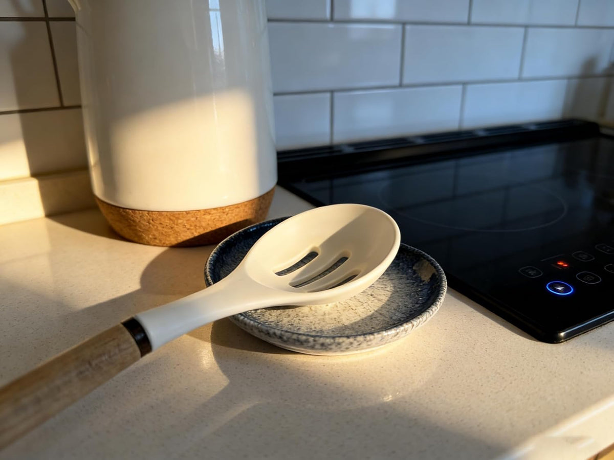 Ceramic Spoon Rest for Kitchen Counter, Coffee Spoon Holder, Easy to Clean Stovetop Spoon Tray, Decorative Countertop Organizer for Soup Spoons/Ladles (Beige)