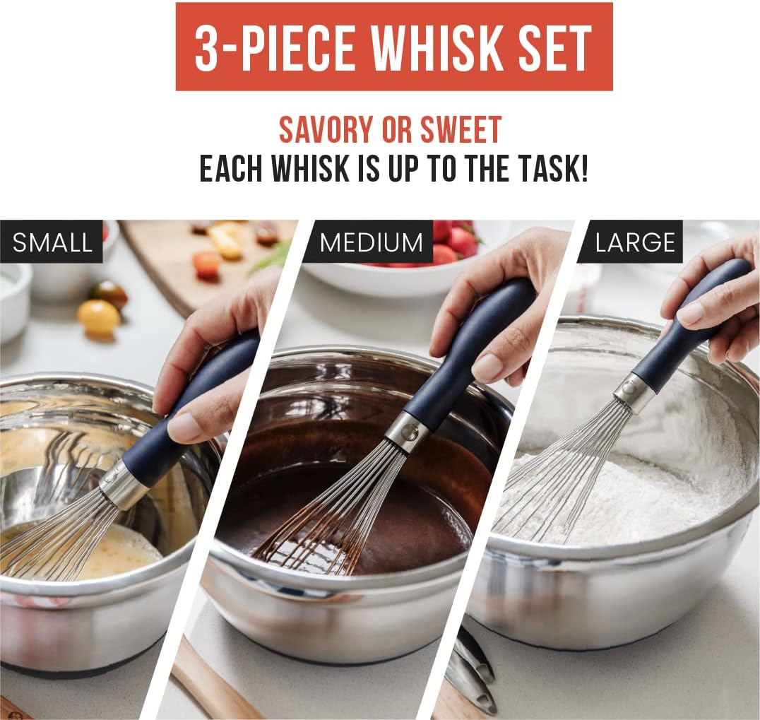 3-Piece Kitchen Whisk Set, Stainless Steel Whisks for Cooking, Wisk Kitchen Tool, Thick Wire Whisk Set, Wisking Tool for Cooking, Blending, Whisking, Beating and Stirring