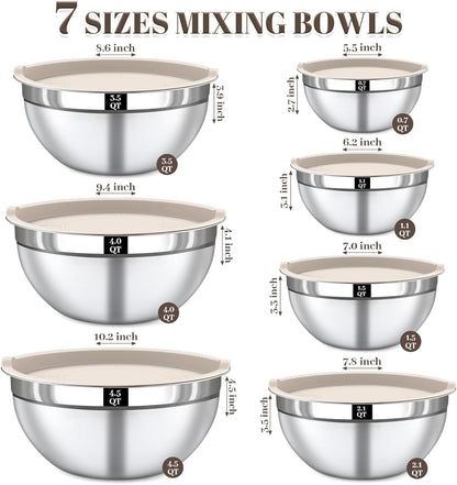 Mixing Bowls with Lids Set - 7PCS Nesting Mixing Bowls, Lids, Stainless Steel Mixing Bowls for Mixing, Baking & Meal Prep, Dishwasher Safe, Size 0.7/1.1/1.5/2.1/3.5/4/4.5 QT, Khaki