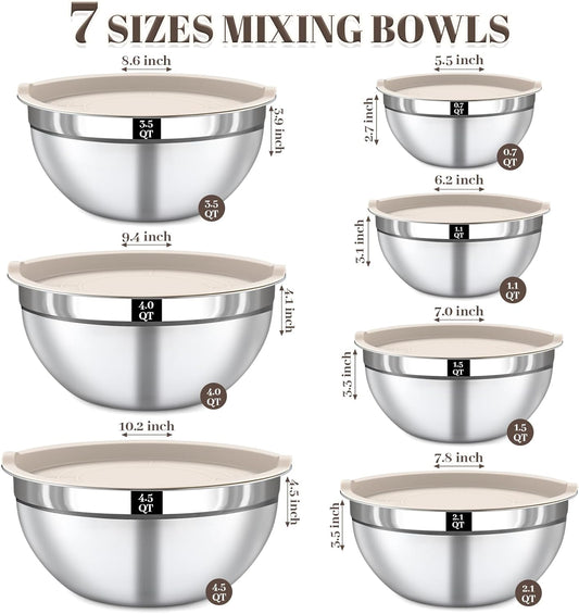 Mixing Bowls with Lids Set - 7PCS Nesting Mixing Bowls, Lids, Stainless Steel Mixing Bowls for Mixing, Baking & Meal Prep, Dishwasher Safe, Size 0.7/1.1/1.5/2.1/3.5/4/4.5 QT, Khaki