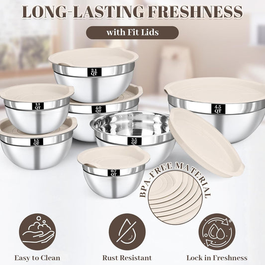 Mixing Bowls with Lids Set - 7PCS Nesting Mixing Bowls, Lids, Stainless Steel Mixing Bowls for Mixing, Baking & Meal Prep, Dishwasher Safe, Size 0.7/1.1/1.5/2.1/3.5/4/4.5 QT, Khaki