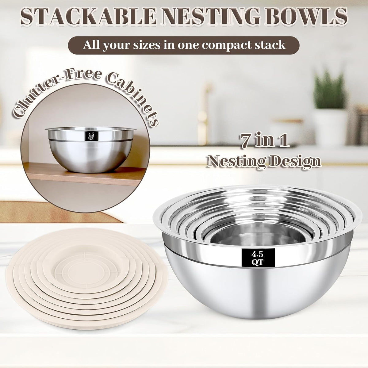 Mixing Bowls with Lids Set - 7PCS Nesting Mixing Bowls, Lids, Stainless Steel Mixing Bowls for Mixing, Baking & Meal Prep, Dishwasher Safe, Size 0.7/1.1/1.5/2.1/3.5/4/4.5 QT, Khaki
