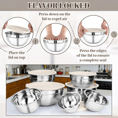 Mixing Bowls with Lids Set - 7PCS Nesting Mixing Bowls, Lids, Stainless Steel Mixing Bowls for Mixing, Baking & Meal Prep, Dishwasher Safe, Size 0.7/1.1/1.5/2.1/3.5/4/4.5 QT, Khaki