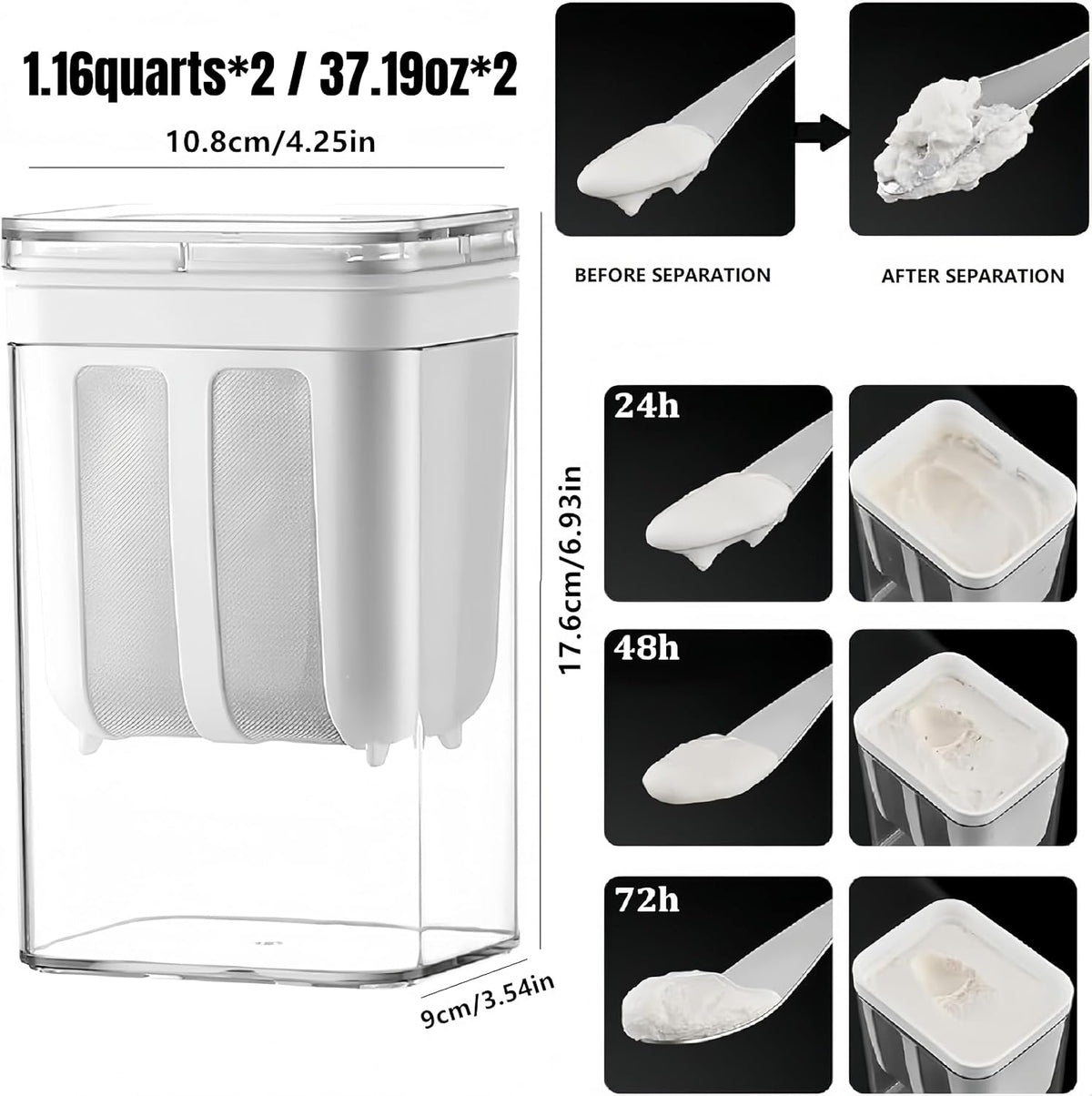 Yogurt Strainer—【1.9QT/0.475GAL Total】 & 【0.9QT/0.23GAL Filter】, Yogurt Strainer Greek Yogurt Strainer Yogurt Press, BPA-Free PP Strainer for Whey Separation（Totle1.9QT）