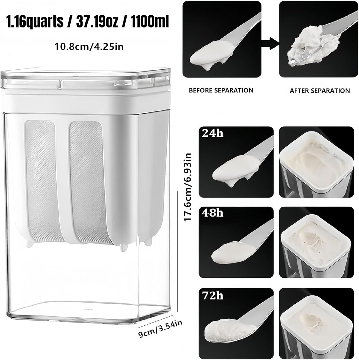 Yogurt Strainer—【1.9QT/0.475GAL Total】 & 【0.9QT/0.23GAL Filter】, Yogurt Strainer Greek Yogurt Strainer Yogurt Press, BPA-Free PP Strainer for Whey Separation（Totle1.9QT）