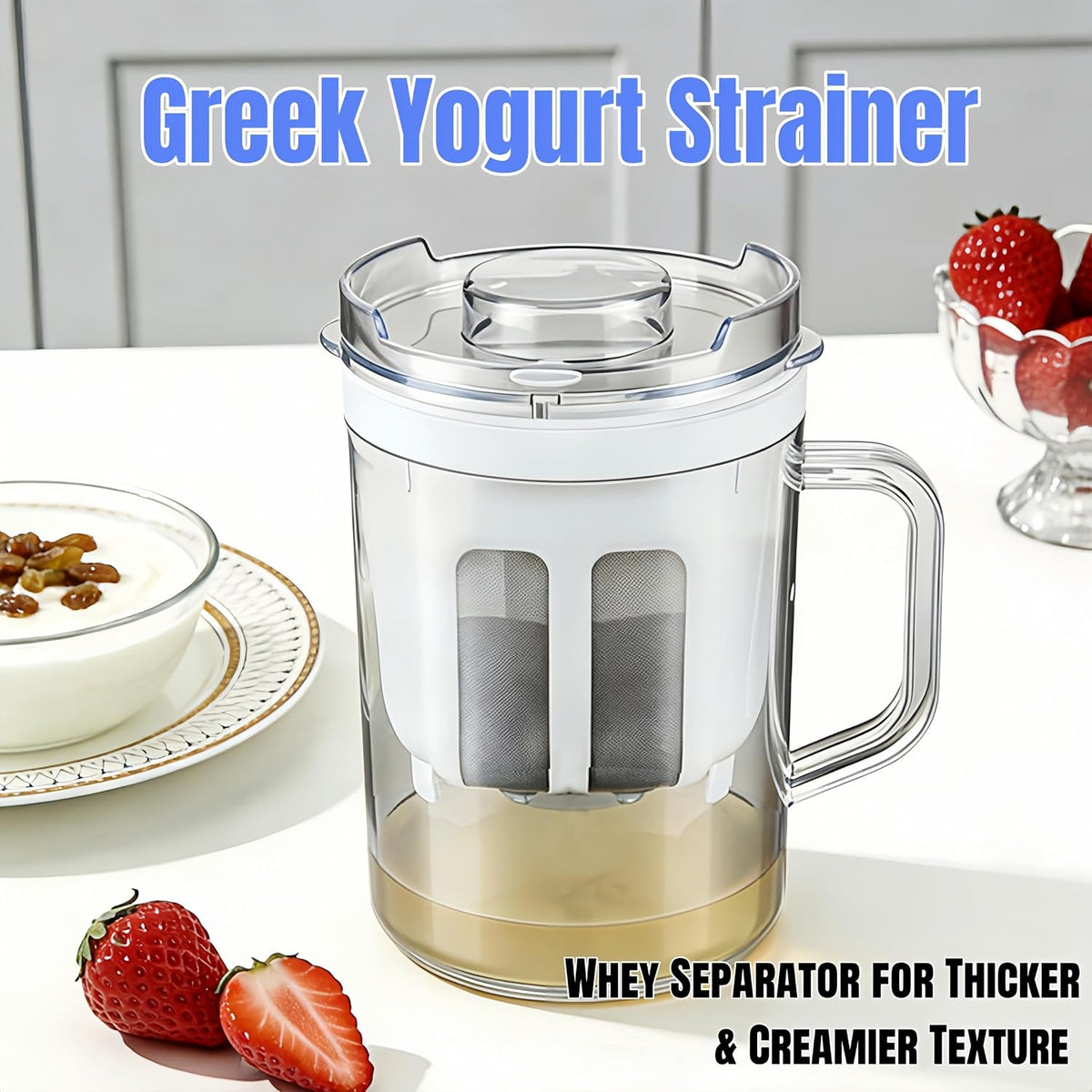 Yogurt Strainer—【1.9QT/0.475GAL Total】 & 【0.9QT/0.23GAL Filter】, Yogurt Strainer Greek Yogurt Strainer Yogurt Press, BPA-Free PP Strainer for Whey Separation（Totle1.9QT）