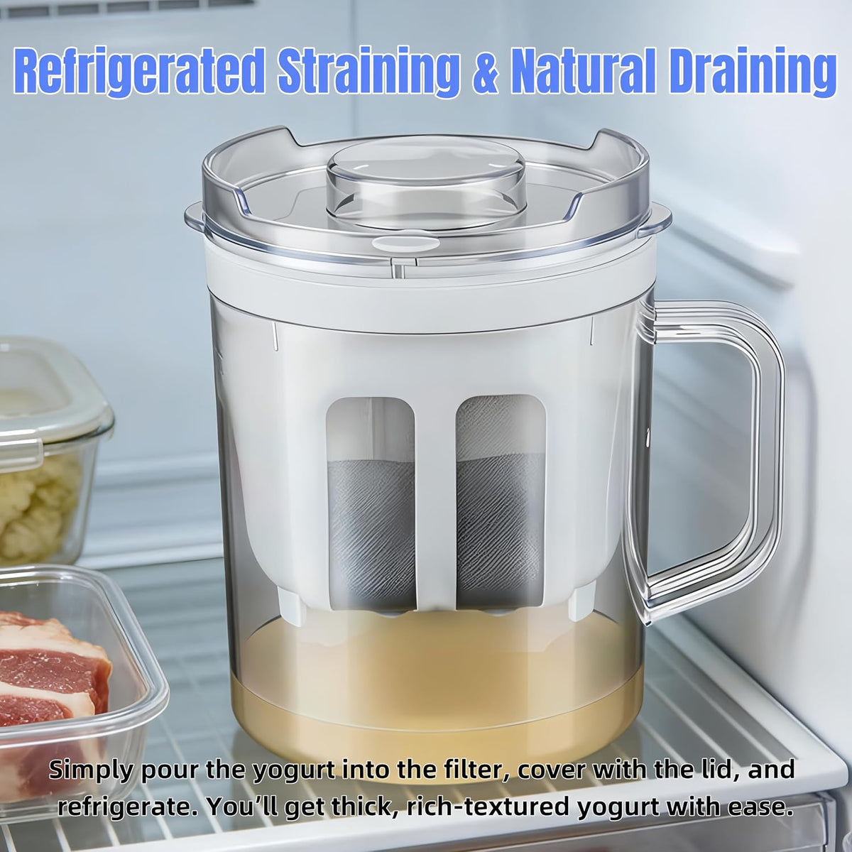 Yogurt Strainer—【1.9QT/0.475GAL Total】 & 【0.9QT/0.23GAL Filter】, Yogurt Strainer Greek Yogurt Strainer Yogurt Press, BPA-Free PP Strainer for Whey Separation（Totle1.9QT）