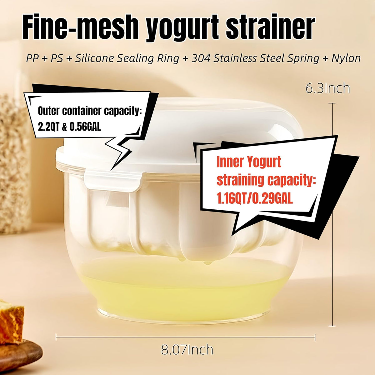 Yogurt Strainer—【1.9QT/0.475GAL Total】 & 【0.9QT/0.23GAL Filter】, Yogurt Strainer Greek Yogurt Strainer Yogurt Press, BPA-Free PP Strainer for Whey Separation（Totle1.9QT）