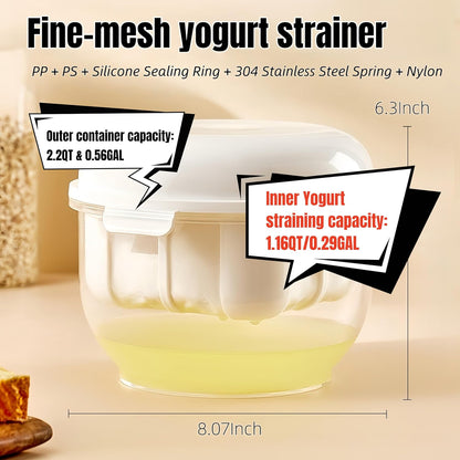 Yogurt Strainer—【1.9QT/0.475GAL Total】 & 【0.9QT/0.23GAL Filter】, Yogurt Strainer Greek Yogurt Strainer Yogurt Press, BPA-Free PP Strainer for Whey Separation（Totle1.9QT）