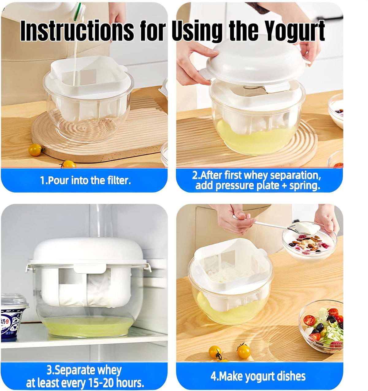 Yogurt Strainer—【1.9QT/0.475GAL Total】 & 【0.9QT/0.23GAL Filter】, Yogurt Strainer Greek Yogurt Strainer Yogurt Press, BPA-Free PP Strainer for Whey Separation（Totle1.9QT）