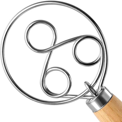 Sourdough Danish Dough Whisk – Three Eye Stainless Steel Upgraded Triple-Loop Bread Mixer Tool With Premium Heavy Duty Solid Wood Handle For Lasting Durability For Artisan Dough, Pizza, And Pastries