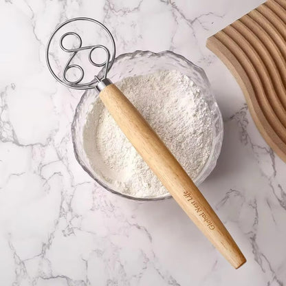 Sourdough Danish Dough Whisk – Three Eye Stainless Steel Upgraded Triple-Loop Bread Mixer Tool With Premium Heavy Duty Solid Wood Handle For Lasting Durability For Artisan Dough, Pizza, And Pastries