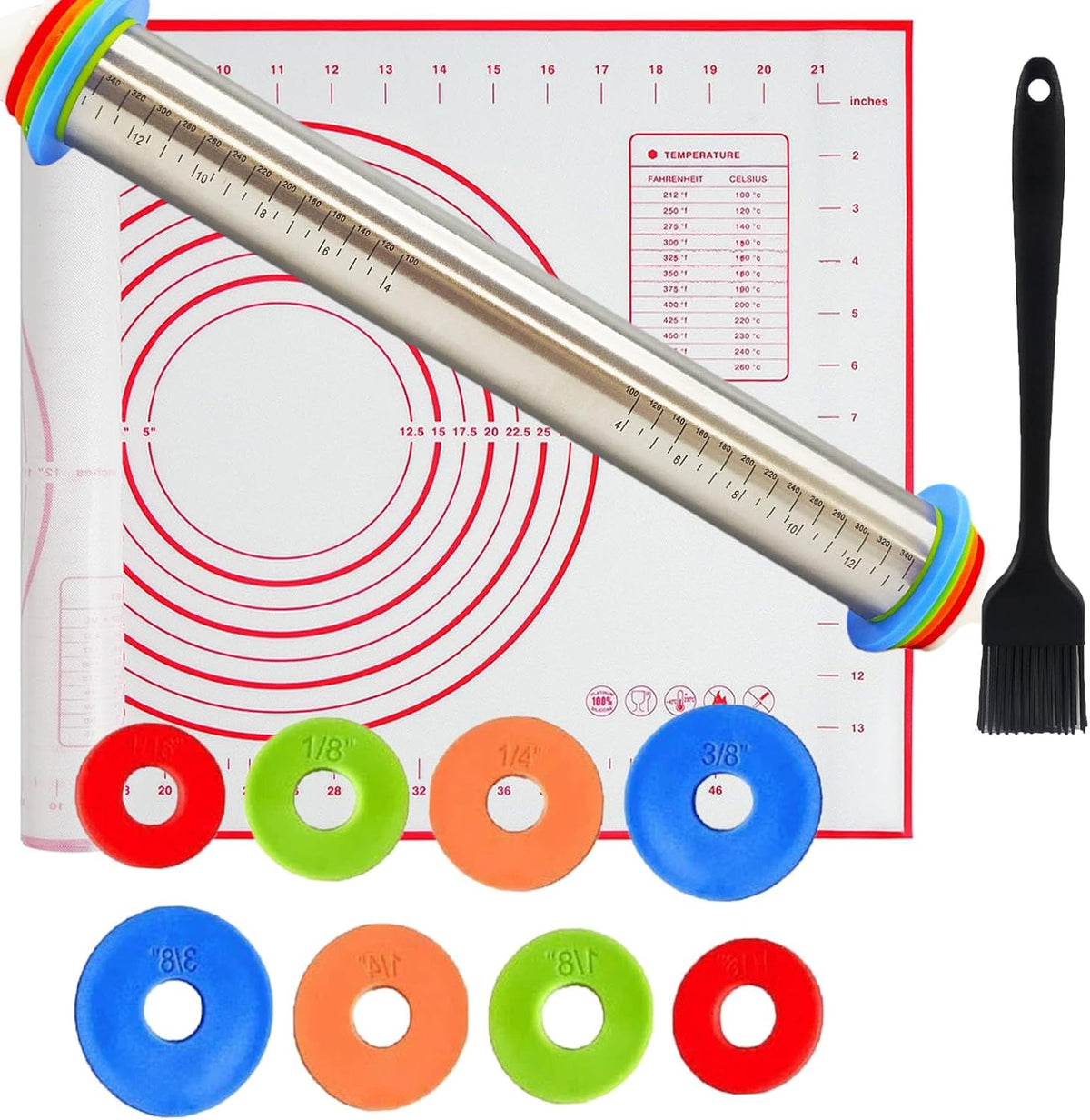 Adjustable Rolling Pin 19 Baking Tool Set and Silicone Baking Pastry Mat Set,Thickness Rings,Stainless Steel Dough Roller Rolling Pins for Baking Dough, Pizza, Pie, Pastrie(Red Mat)