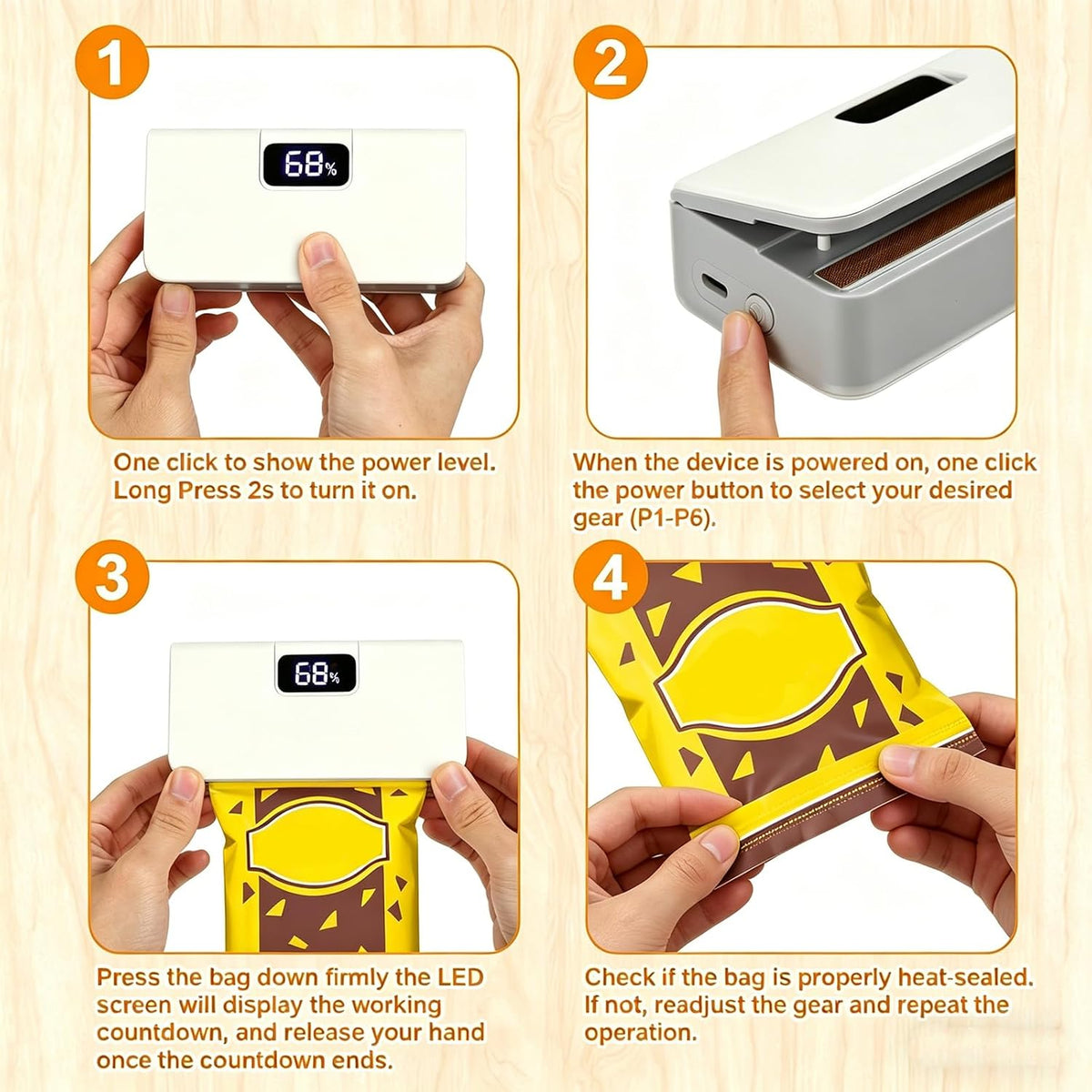 Mini Bag Sealer, 6 Gear Adjustable Bag Sealer for Plastic Bags | Rechargeable Sealer Machine with LED Power Display, Portable Heat Sealer and Cutter, Bag Resealer for Chips Snacks Mylar