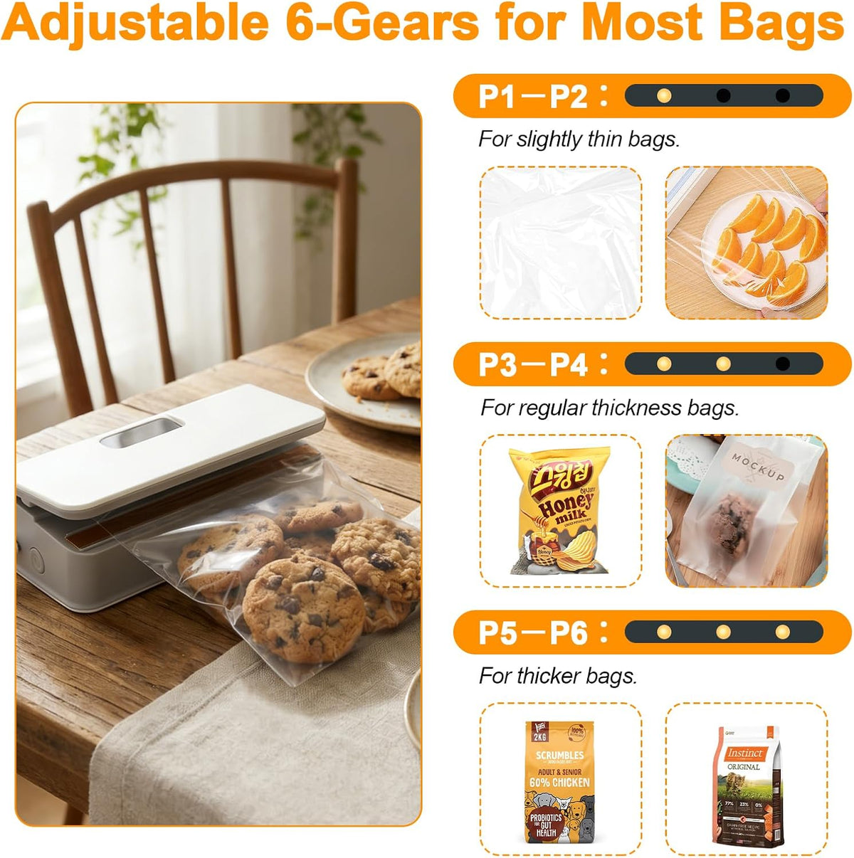 Mini Bag Sealer, 6 Gear Adjustable Bag Sealer for Plastic Bags | Rechargeable Sealer Machine with LED Power Display, Portable Heat Sealer and Cutter, Bag Resealer for Chips Snacks Mylar