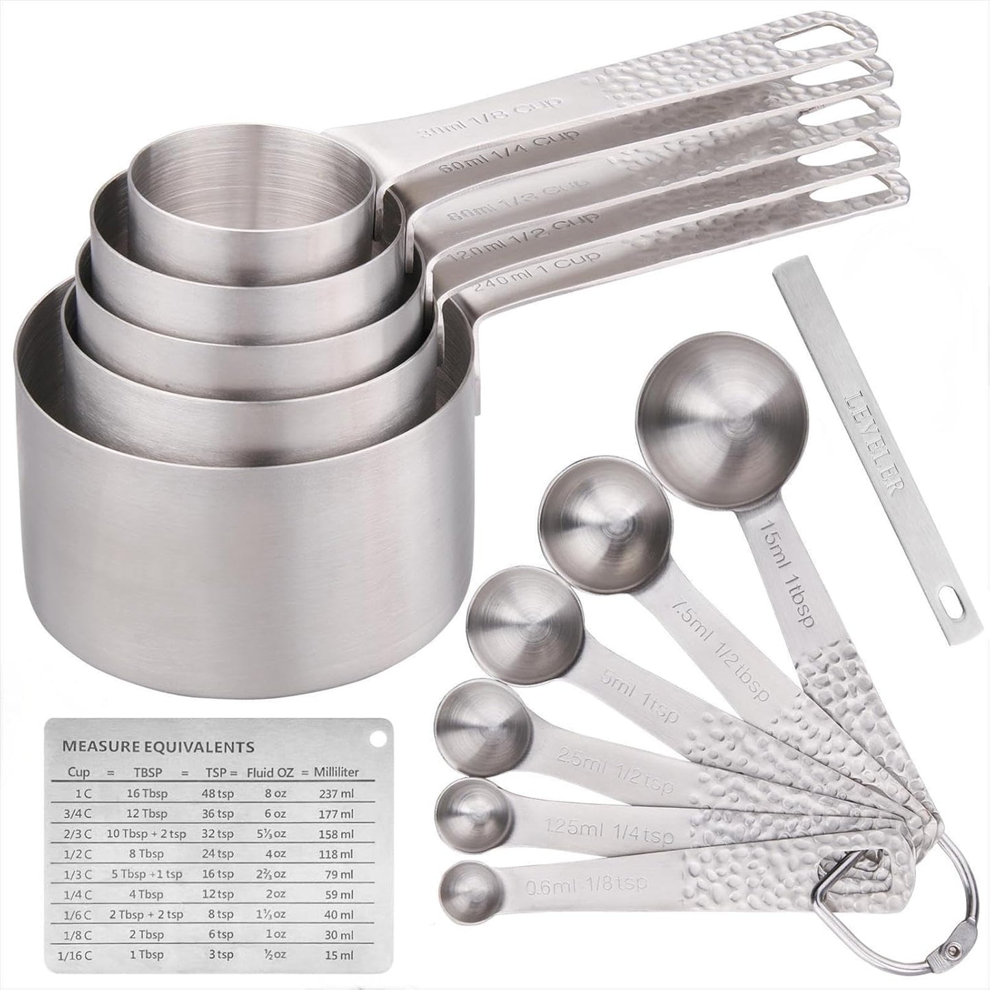 Measuring Cups and Spoons Set 14, 18/8 Stainless Steel Measuring Cups and spoons for Baking & Kitchen, Metal Metric&US 5 Measure Cups and 6 Spoon &Leveler&Measure Equivalents for Dry&Liquid