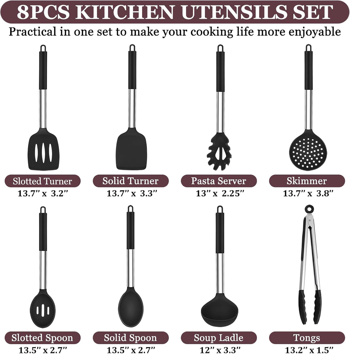 Kitchen Utensils Set of 8, Silicone Utensils Kitchen Tools Set