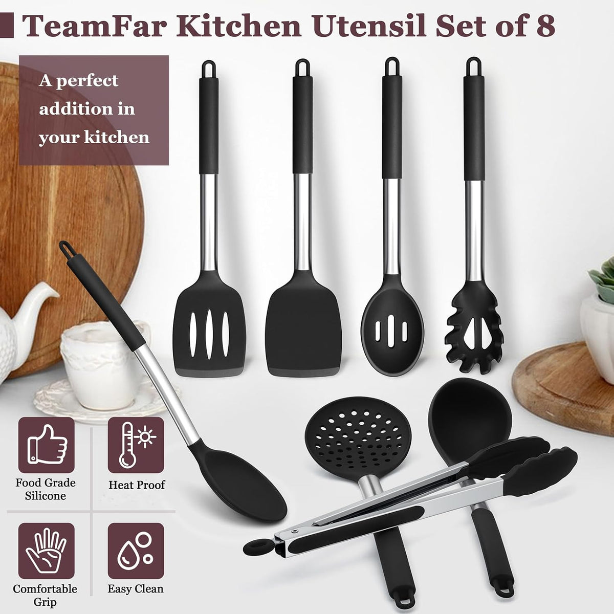 Kitchen Utensils Set of 8, Silicone Utensils Kitchen Tools Set