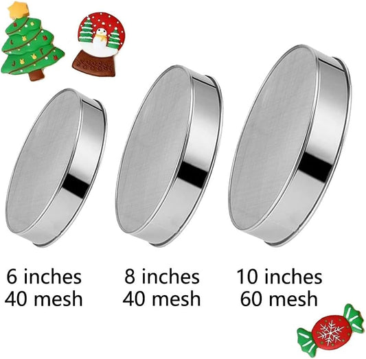 3 Pack Round Flour Sifter, Stainless Steel Fine Mesh Strainers Flour Sieve, 6 Inch and 8 Inch 40 Mesh 10 Inch 60 Mesh for Baking Straining Powdering Cake Bread Pies Pastries Muffin Cake