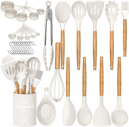 Kitchen Cooking Utensils Set, 33 pcs Non-Stick Silicone Cooking Kitchen Utensils Spatula Set with Holder, Wooden Handle Silicone Kitchen Gadgets Utensil Set (Khaki)