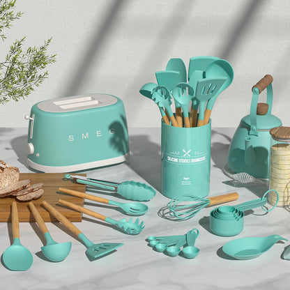 Kitchen Cooking Utensils Set, 33 pcs Non-Stick Silicone Cooking Kitchen Utensils Spatula Set with Holder, Wooden Handle Silicone Kitchen Gadgets Utensil Set (Khaki)