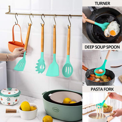 Kitchen Cooking Utensils Set, 33 pcs Non-Stick Silicone Cooking Kitchen Utensils Spatula Set with Holder, Wooden Handle Silicone Kitchen Gadgets Utensil Set (Khaki)
