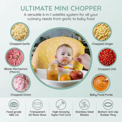 Manual Food Processor Vegetable Chopper, Mini Hand Pull String Garlic Chopper Onion Cutter for Veggies, Ginger, Fruits, Nuts, Avocado, garlic etc., Food Safe Material, 160ml (blue)