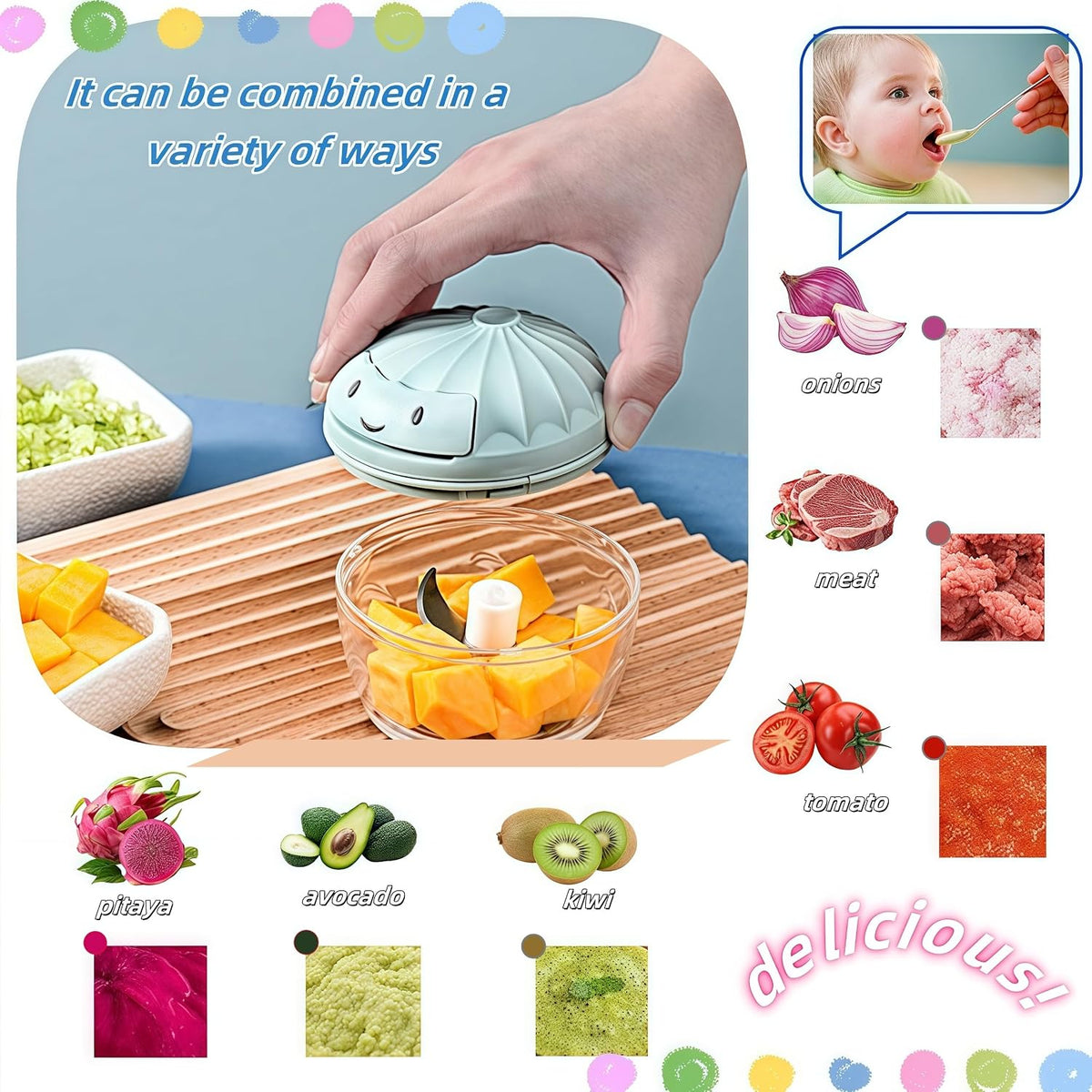 Manual Food Processor Vegetable Chopper, Mini Hand Pull String Garlic Chopper Onion Cutter for Veggies, Ginger, Fruits, Nuts, Avocado, garlic etc., Food Safe Material, 160ml (blue)