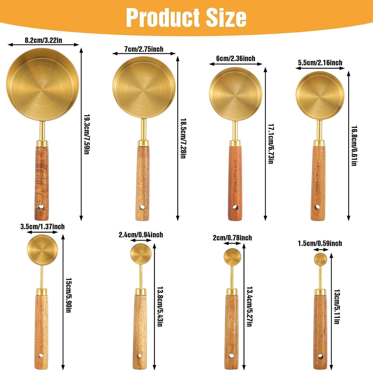 8 Pcs Gold Measuring Cups and Spoons Set, Stainless Steel Measuring Cups with Wood Handles, 4 Stackable Wooden Measuring Cups and 4 Measuring Spoons Set for Kitchen Cooking and Baking