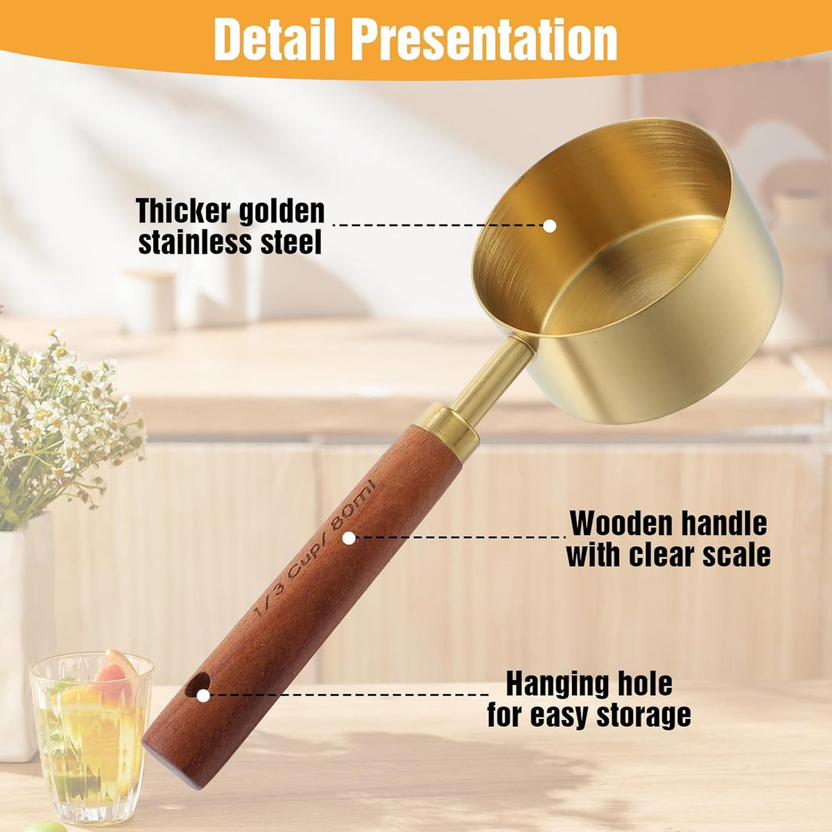 8 Pcs Gold Measuring Cups and Spoons Set, Stainless Steel Measuring Cups with Wood Handles, 4 Stackable Wooden Measuring Cups and 4 Measuring Spoons Set for Kitchen Cooking and Baking