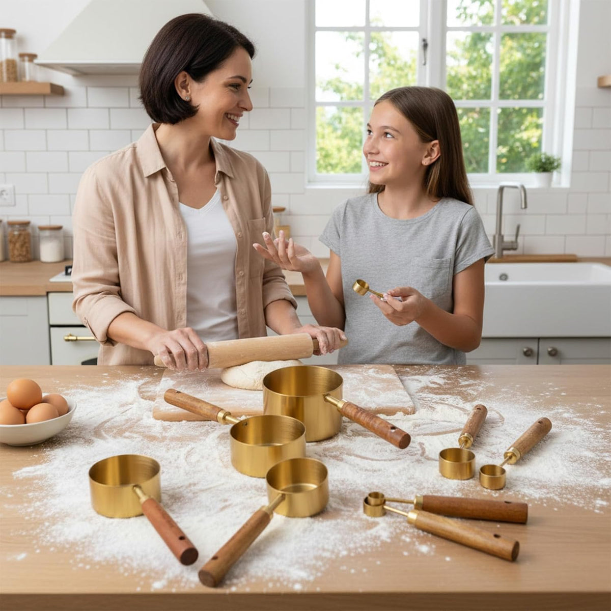 8 Pcs Gold Measuring Cups and Spoons Set, Stainless Steel Measuring Cups with Wood Handles, 4 Stackable Wooden Measuring Cups and 4 Measuring Spoons Set for Kitchen Cooking and Baking