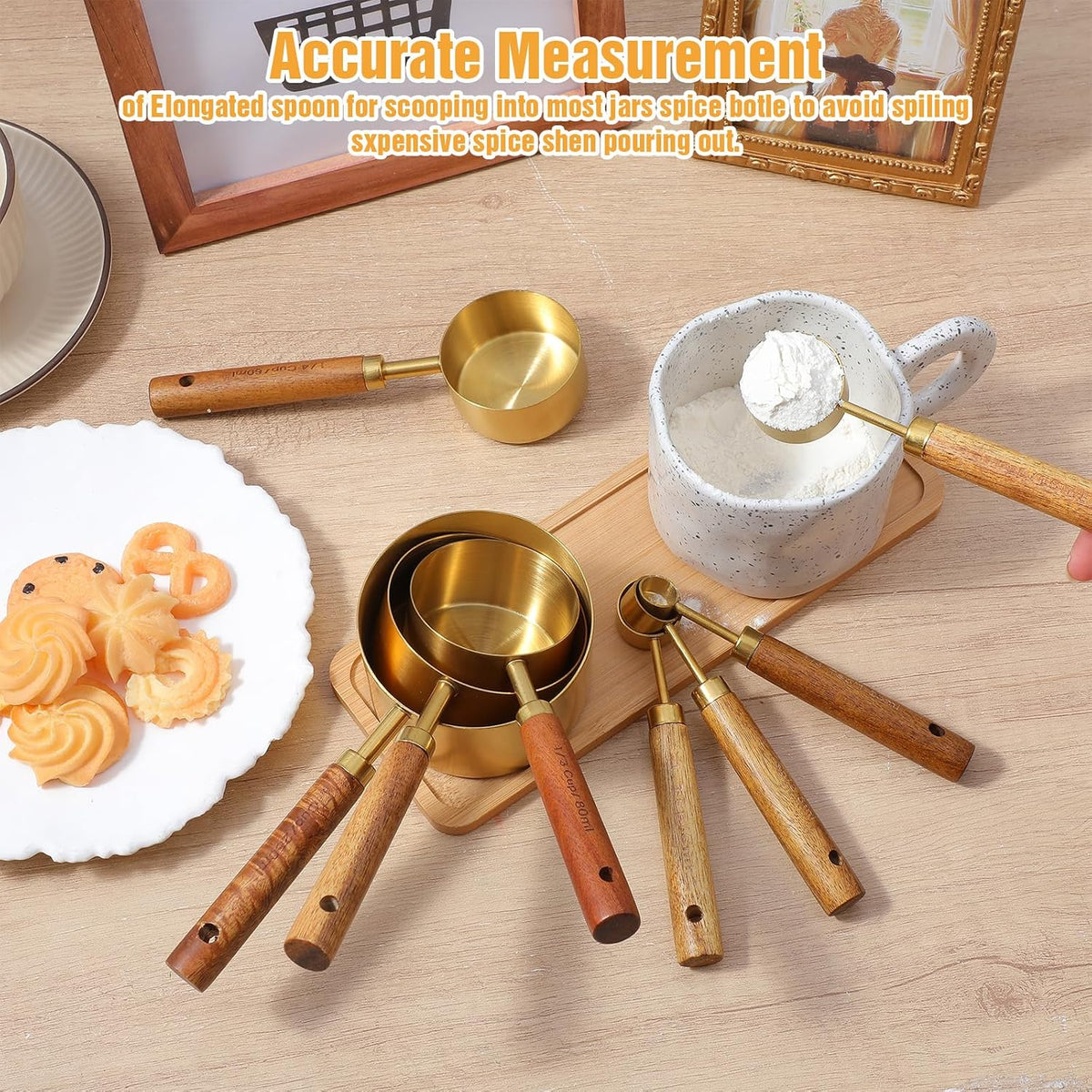 8 Pcs Gold Measuring Cups and Spoons Set, Stainless Steel Measuring Cups with Wood Handles, 4 Stackable Wooden Measuring Cups and 4 Measuring Spoons Set for Kitchen Cooking and Baking