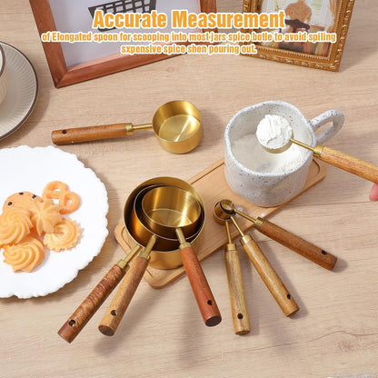 8 Pcs Gold Measuring Cups and Spoons Set, Stainless Steel Measuring Cups with Wood Handles, 4 Stackable Wooden Measuring Cups and 4 Measuring Spoons Set for Kitchen Cooking and Baking