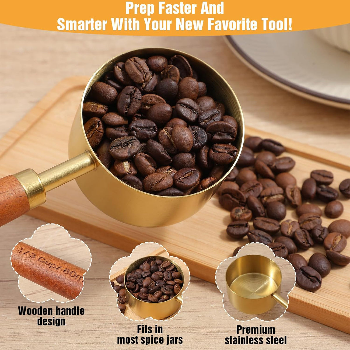 8 Pcs Gold Measuring Cups and Spoons Set, Stainless Steel Measuring Cups with Wood Handles, 4 Stackable Wooden Measuring Cups and 4 Measuring Spoons Set for Kitchen Cooking and Baking
