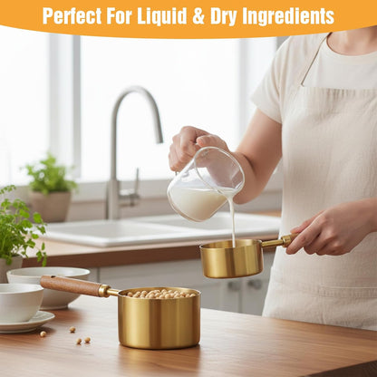 8 Pcs Gold Measuring Cups and Spoons Set, Stainless Steel Measuring Cups with Wood Handles, 4 Stackable Wooden Measuring Cups and 4 Measuring Spoons Set for Kitchen Cooking and Baking