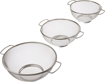 3 Piece Stainless Steel Fine Mesh Colander w/Resting Base, Dishwasher Safe Strainer for Vegetables, Salad, Fruit, Pasta (732)