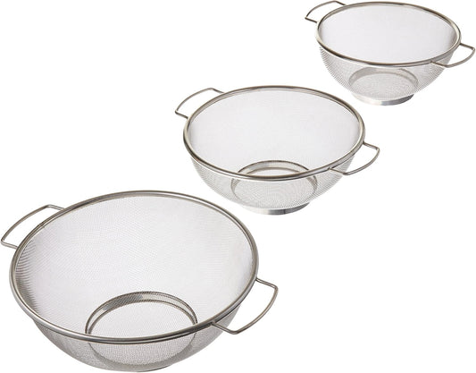 3 Piece Stainless Steel Fine Mesh Colander w/Resting Base, Dishwasher Safe Strainer for Vegetables, Salad, Fruit, Pasta (732)