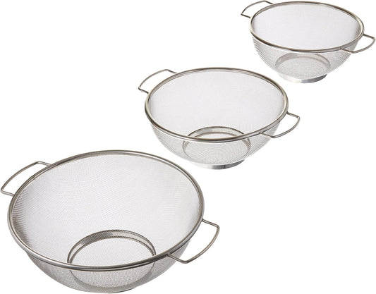 3 Piece Stainless Steel Fine Mesh Colander w/Resting Base, Dishwasher Safe Strainer for Vegetables, Salad, Fruit, Pasta (732)
