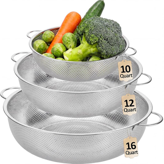 3 Pcs 10/12/16 Quart Stainless Steel Colander Set for Kitchen Micro Perforated Exlarge Metal Pasta Strainer with Handles Metal Mesh Strainer Net Basket Self Draining Solid Base for Pasta