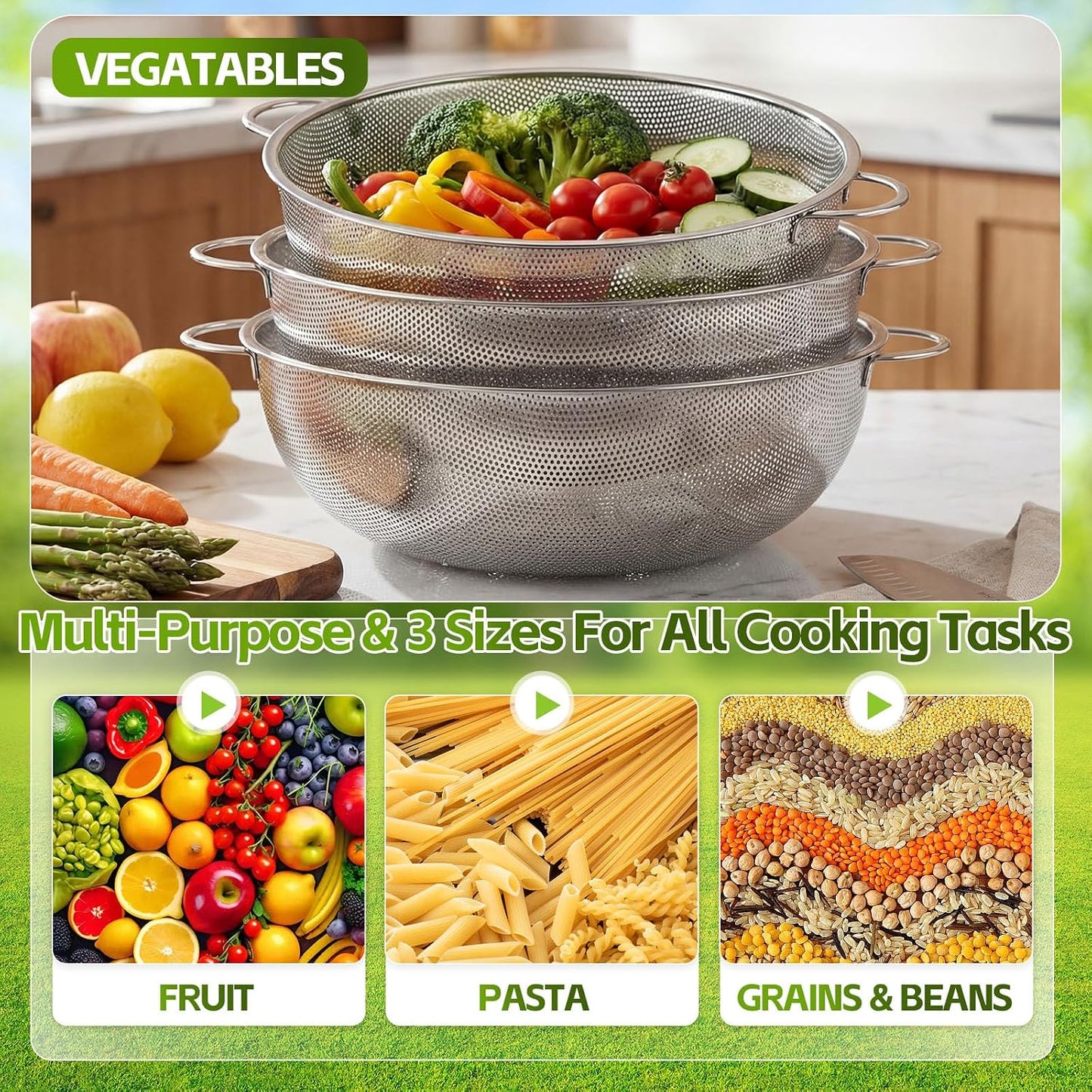 3 Pcs 10/12/16 Quart Stainless Steel Colander Set for Kitchen Micro Perforated Exlarge Metal Pasta Strainer with Handles Metal Mesh Strainer Net Basket Self Draining Solid Base for Pasta