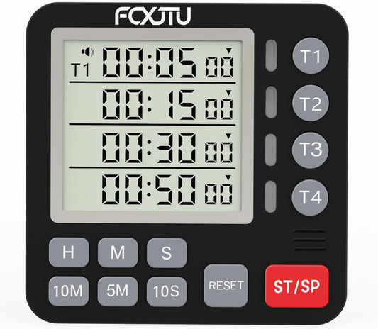 Digital Dual Kitchen Timer, 4-Channel Magnetic Countdown Timer for Cooking | Multi Groups Countup Timer, Memory Presets,On/Off,Large Display, Loud Alarm, Mute, LED Alert, 3A Battery & Stand Included