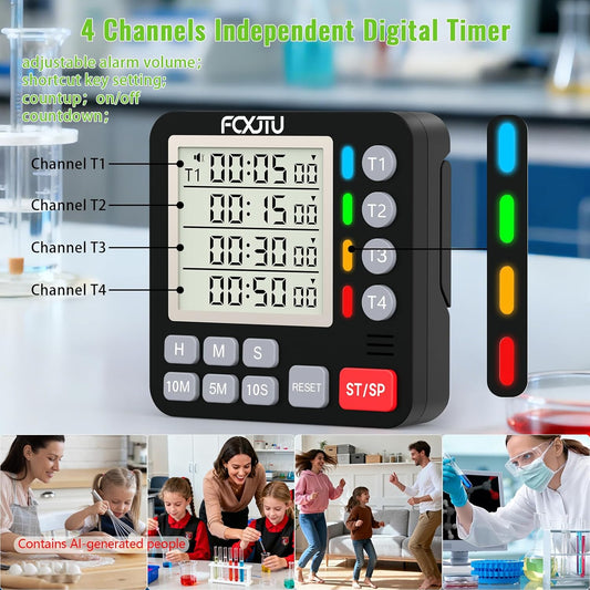 Digital Dual Kitchen Timer, 4-Channel Magnetic Countdown Timer for Cooking | Multi Groups Countup Timer, Memory Presets,On/Off,Large Display, Loud Alarm, Mute, LED Alert, 3A Battery & Stand Included