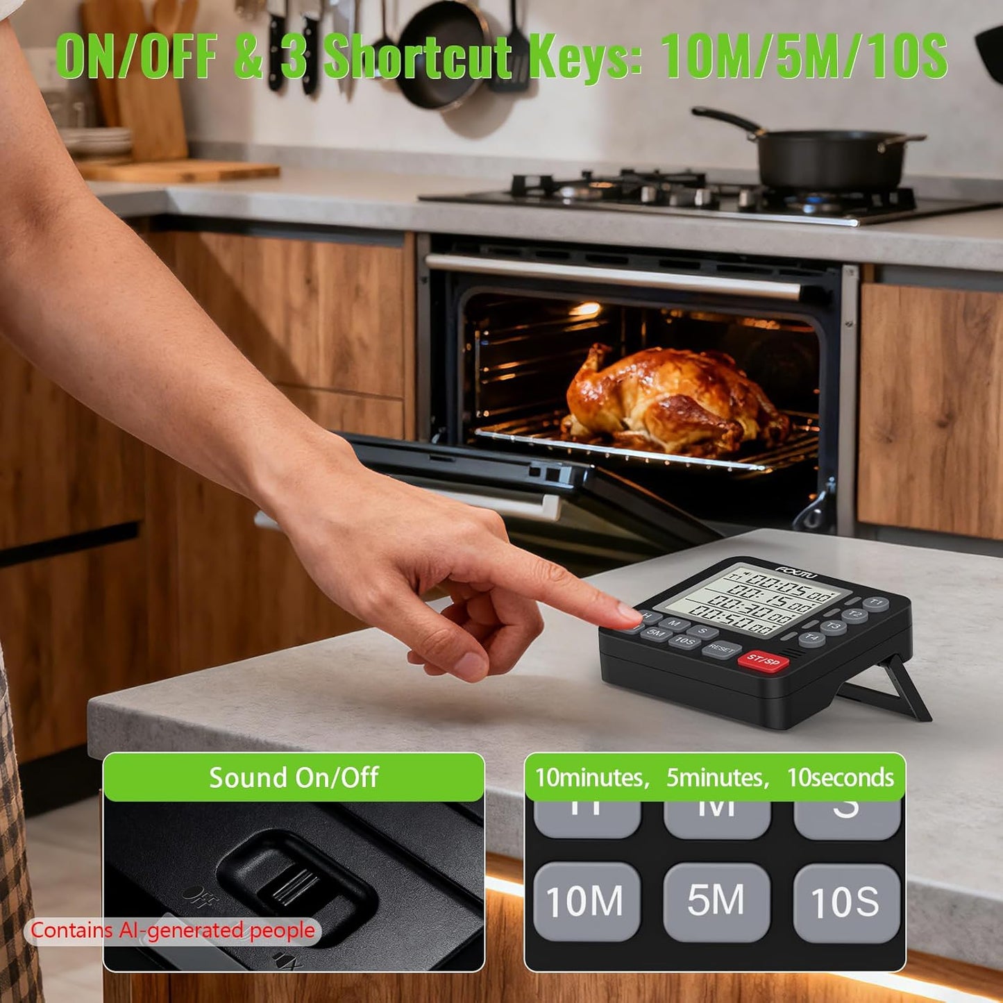 Digital Dual Kitchen Timer, 4-Channel Magnetic Countdown Timer for Cooking | Multi Groups Countup Timer, Memory Presets,On/Off,Large Display, Loud Alarm, Mute, LED Alert, 3A Battery & Stand Included
