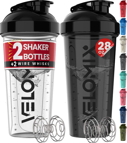 2 Pack 28oz Protein Shaker Bottle for Protein Mixes, Black/Transpar | 2x Wire Whisk, Leak Proof Shaker Cups for Protein Shakes, Stackable, Dishwasher safe, BPA free, Pre Workout and Fitness ready