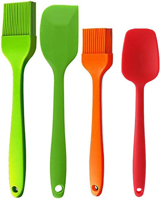 Basting Brush + Large Spatula Silicone Pastry Baking BBQ Sauce Marinade Meat Glazing Oil Brush Heat Resistant, Kitchen Cooking Baste Pastries Cakes Desserts 4 Pack (Brush + Spatula)