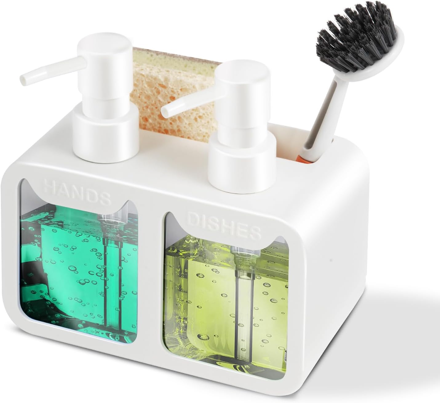 Kitchen Soap Dispenser Set, with Hand and Dish Soap, Sponge Caddy and Brush Holder 4-in-1 Kitchen Dual Soap Dispenser Set for Kitchen Sink, Bathroom - Black