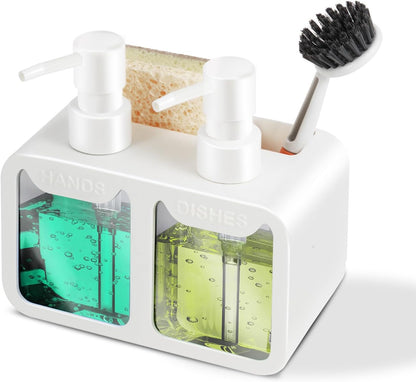Kitchen Soap Dispenser Set, with Hand and Dish Soap, Sponge Caddy and Brush Holder 4-in-1 Kitchen Dual Soap Dispenser Set for Kitchen Sink, Bathroom - Black
