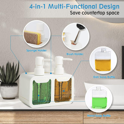 Kitchen Soap Dispenser Set, with Hand and Dish Soap, Sponge Caddy and Brush Holder 4-in-1 Kitchen Dual Soap Dispenser Set for Kitchen Sink, Bathroom - Black