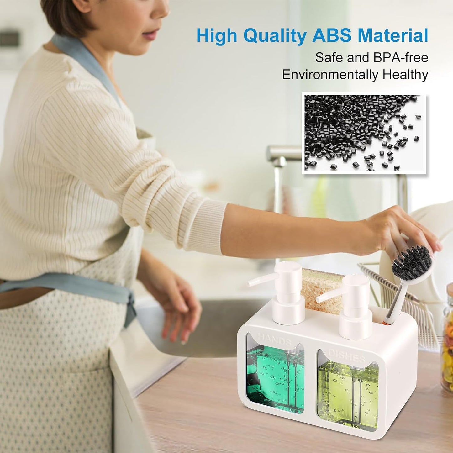 Kitchen Soap Dispenser Set, with Hand and Dish Soap, Sponge Caddy and Brush Holder 4-in-1 Kitchen Dual Soap Dispenser Set for Kitchen Sink, Bathroom - Black