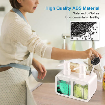 Kitchen Soap Dispenser Set, with Hand and Dish Soap, Sponge Caddy and Brush Holder 4-in-1 Kitchen Dual Soap Dispenser Set for Kitchen Sink, Bathroom - Black